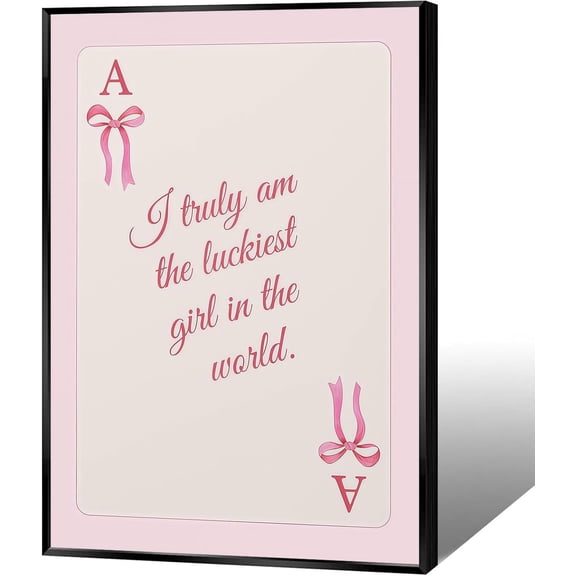 Trendy Pink Lucky Girl Poker Card Wall Art Cute Pink Bow Playing Card Poster Funny Girly Preppy Aesthetic Inspirational Quotes Pictures For Bedroom Apartment Wall Decor 24x36in Wrapped Canvas