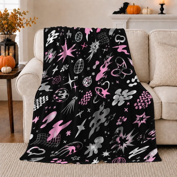 Trendy Pink Silver Space Doodle Flannel Blanket with Stars Flames Planets Grids Comets Abstract Galaxy Black Y2K Art, Teen Dorm Sofa Bedroom Home Decor, Birthday Gift