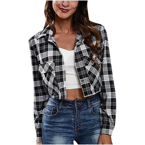 Trendy Plaid Crop Jacket Women Long Sleeve Button Down Shackets Fall Spring Casual Short Coat Outerwear (S, Black)