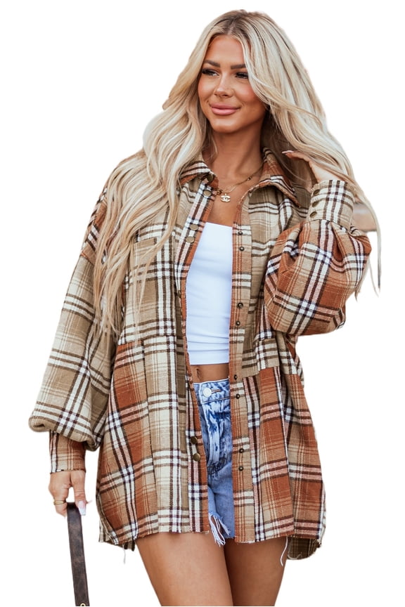 Trendy Plaid Shacket: Khaki Colorblock with High Low Silhouette