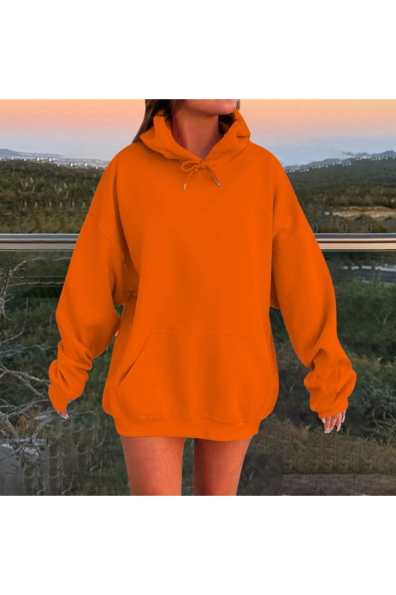Trendy Plain Oversized Fleece Hooded Sweatshirts For Women Long Sleeve Relax Fit Cute Preppy Casual Fall Winter Daily Outfit Tops With Pockets Saffron S
