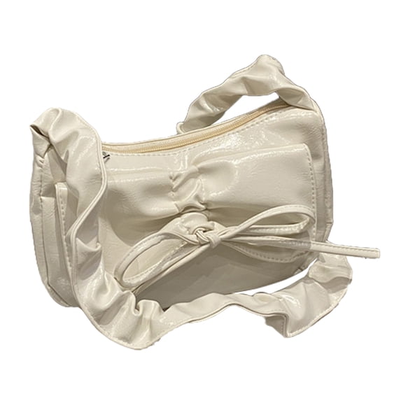 Trendy Pleated Bowknot PU Leather Shoulder Handbag Elegant Zippered Ruched Underarm Bag Purse for Students and Women
