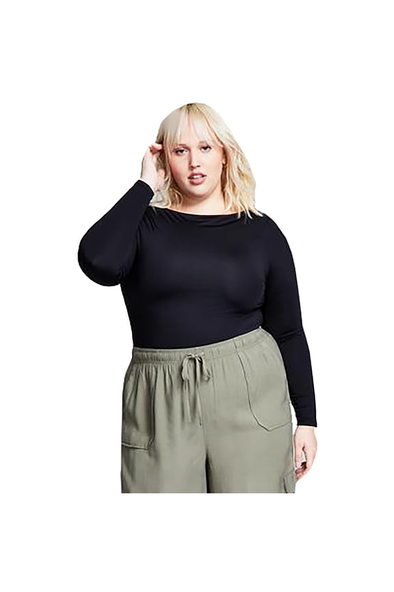 Trendy Plus Size Boat-Neck Long-Sleeve Top Black 2X