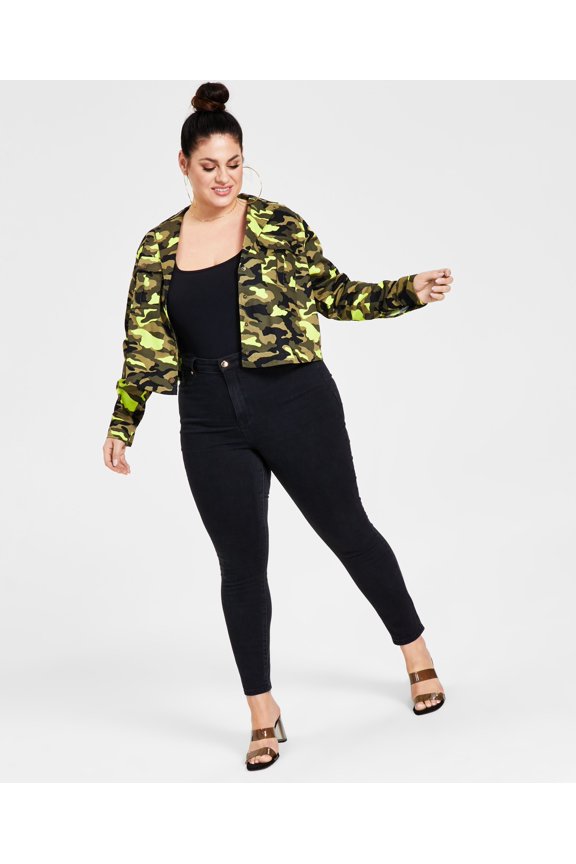Trendy Plus Size Cotton Camo Cargo Jacket Neon Camo Print 1X