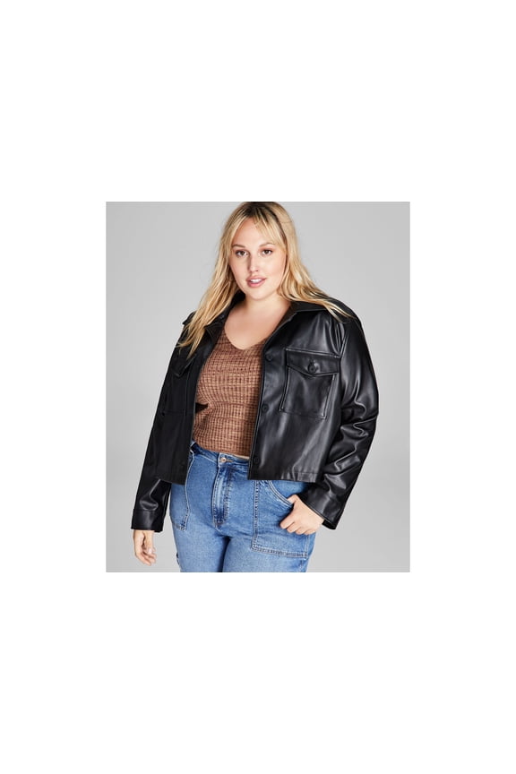 Trendy Plus Size Cropped Faux-Leather Shacket Black 1X