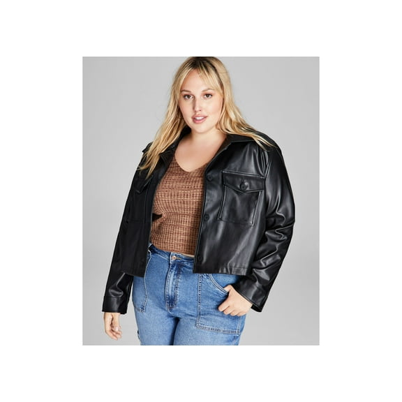 Trendy Plus Size Cropped Faux-Leather Shacket Black 2X