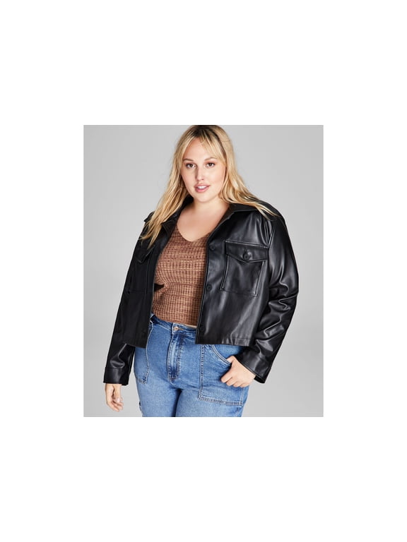 Trendy Plus Size Cropped Faux-Leather Shacket Black 2X