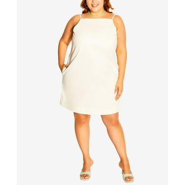 Trendy Plus Size Denim Audrey Mini Dress Ivory 16W
