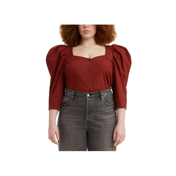 Trendy Plus Size Ellora Cotton Puff-Sleeve Blouse Fired Brick 2X