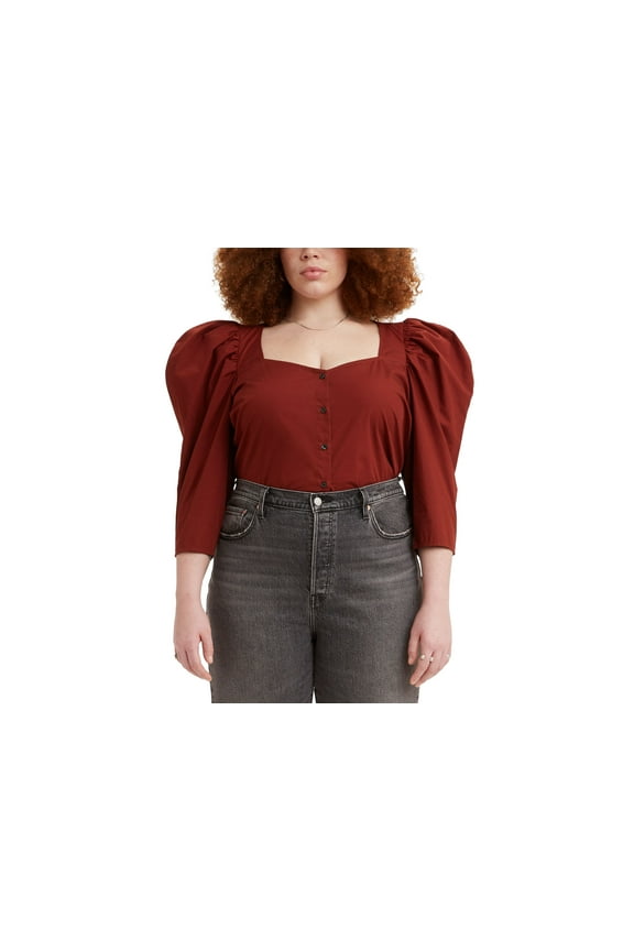 Trendy Plus Size Ellora Cotton Puff-Sleeve Blouse Fired Brick 2X