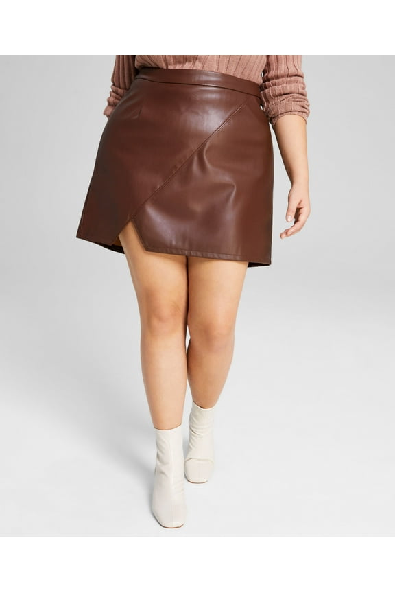 Trendy Plus Size Faux Leather Mini Skirt Chocolate Brown 3X