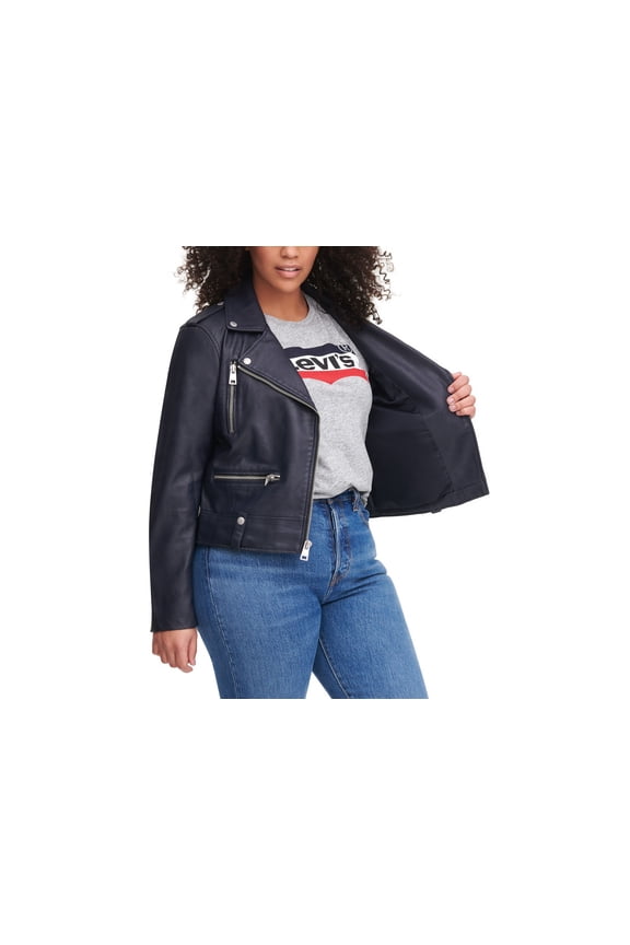 Trendy Plus Size Faux-Leather Moto Jacket Navy 2X