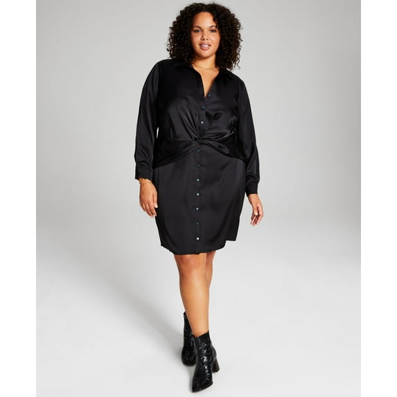 Trendy Plus Size Faux-Wrap Satin Dress Black 3X