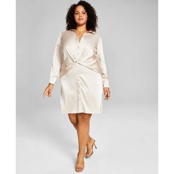 Trendy Plus Size Faux-Wrap Satin Dress Cream 1X