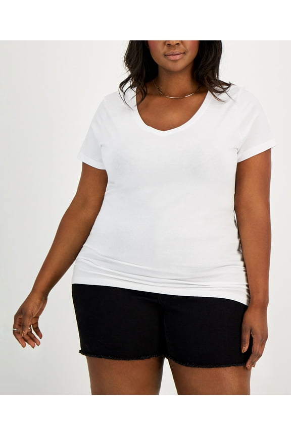 Trendy Plus Size Fitted V-Neck T-Shirt White 2X