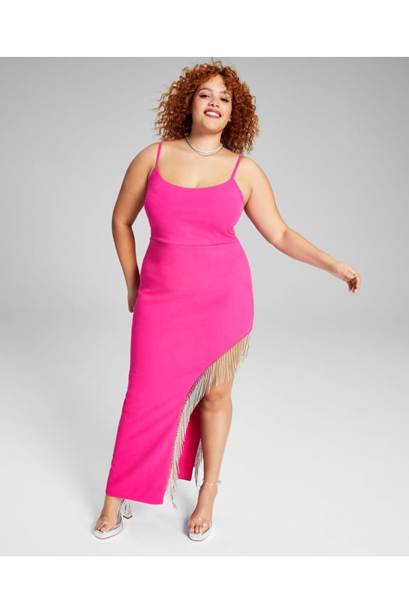 Trendy Plus Size High-Slit Rhinestone-Trim Gown Hot Pink 22W