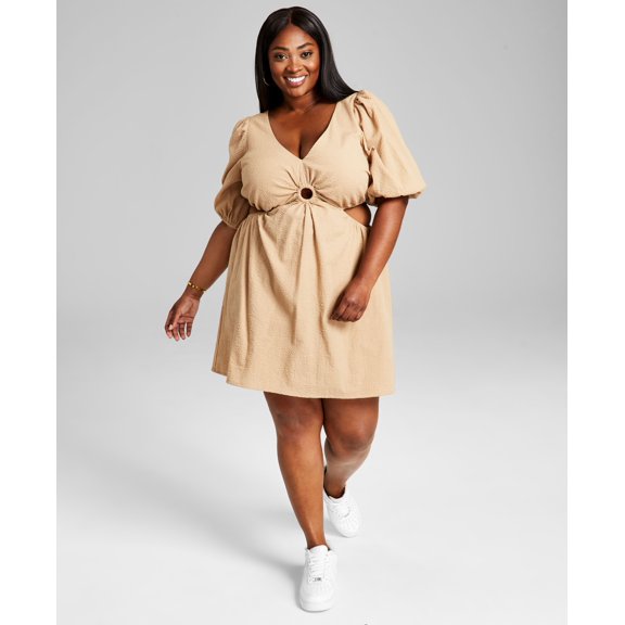 Trendy Plus Size Keyhole Mini Dress Camel Brown 3X