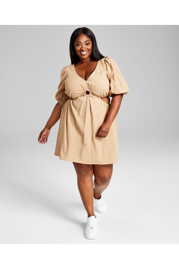 Trendy Plus Size Keyhole Mini Dress Camel Brown 4X