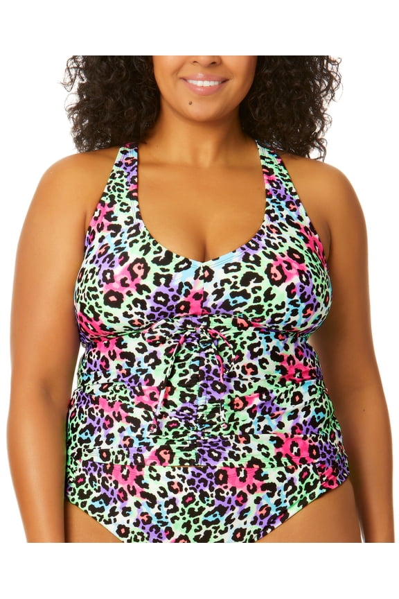 Trendy Plus Size Leopard Love Cinch-Front X-Back Tankini Top Leopard Multi Print 0X