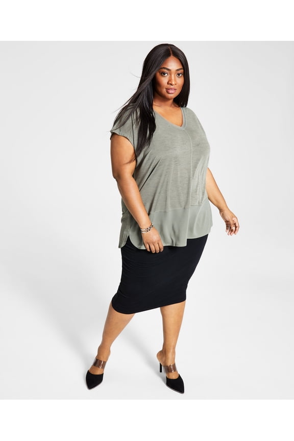 Trendy Plus Size Mixed-Media Top Dusty Olive 3X