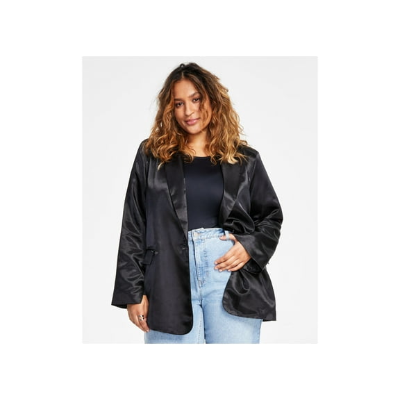 Trendy Plus Size One-Button Satin Blazer Black 1X