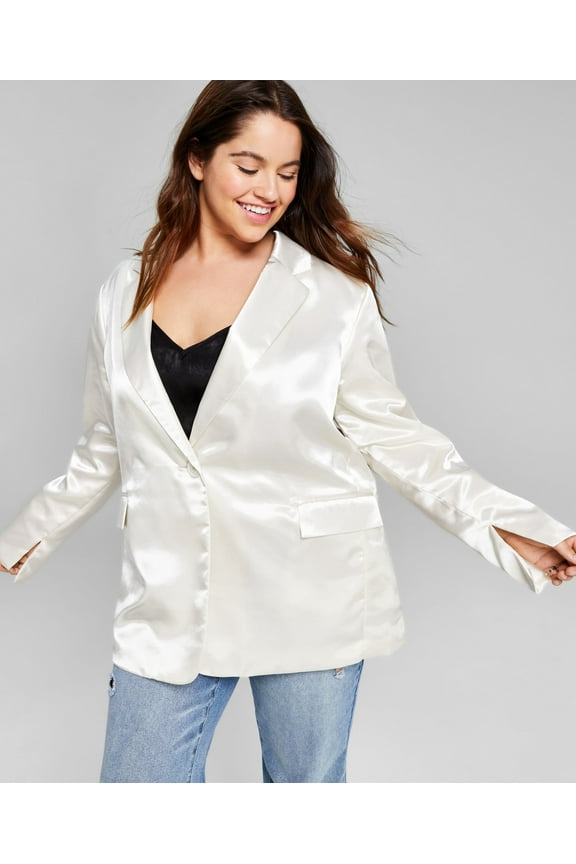 Trendy Plus Size One-Button Satin Blazer Cream 2X
