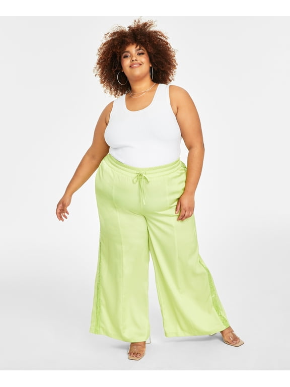 Trendy Plus Size Sequin-Stripe Wide-Leg Pants Daquiri Green 0X