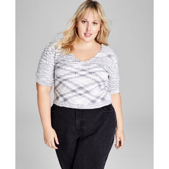 Trendy Plus Size Space-Dyed Puff-Sleeve Top Black / White 1X