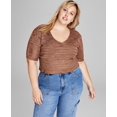thumbnail image 1 of Trendy Plus Size Space-Dyed Puff-Sleeve Top Chocolatealmond 1X, 1 of 1