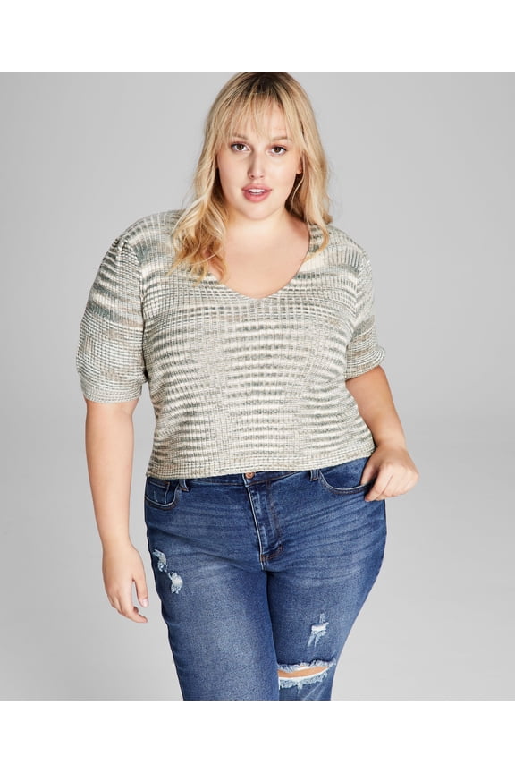 Trendy Plus Size Space-Dyed Puff-Sleeve Top Moss Greenstone 4X