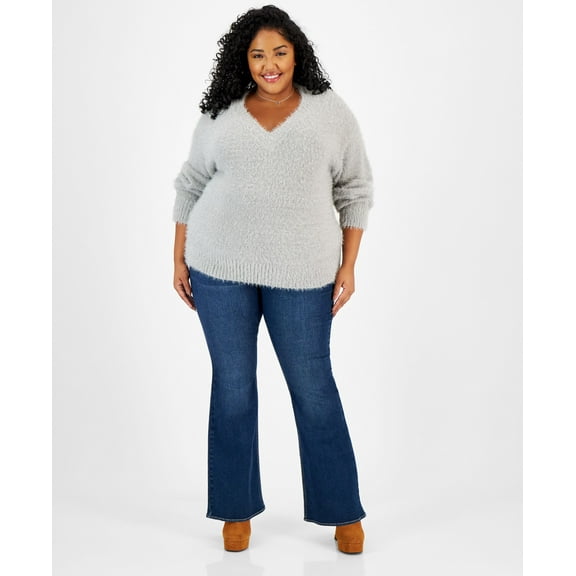 Trendy Plus Size V-Neck Eyelash Sweater Harbor Mist 4X