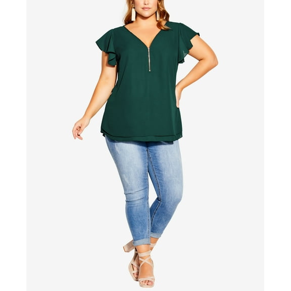 Trendy Plus Size Zip Fling V-Neck Top Jade 14W