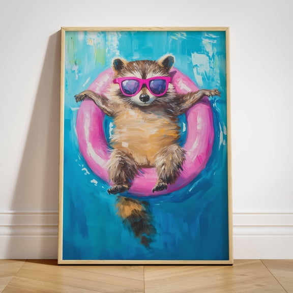 Trendy Poster Summer Pool Party Decoration Positive Vibe Beach Funky Animal Coastal Postered Racoon Wall Art, Unframed Poster Size 8x12