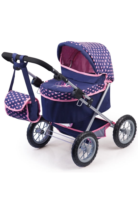 : Trendy Pram Stroller - Navy & Pink Hearts - Accessory For Dolls Up To 18", Matching Shoulder Bag, Adjustable Handle, Foldable, Kids 3+