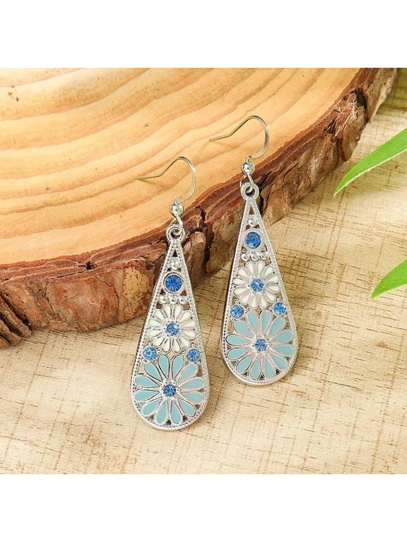Trendy Pretty Ethnic Boho Enamel Flower Long Drop Dangle Earrings
