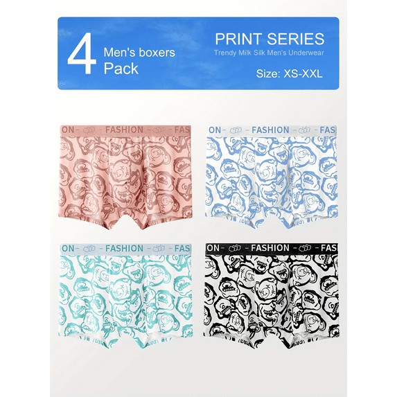 Trendy Print! 4-Pack Men's Milk Silk Underwear Boxers