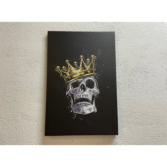 Trendy Printed, Black and Gold Canvas Decor, Modern Canvas Gift, Skull King, Skull Canvas Decor, Skull King 3D Canvas, Abstract 3D Canvas, Canvas Wall Decor - White Framed