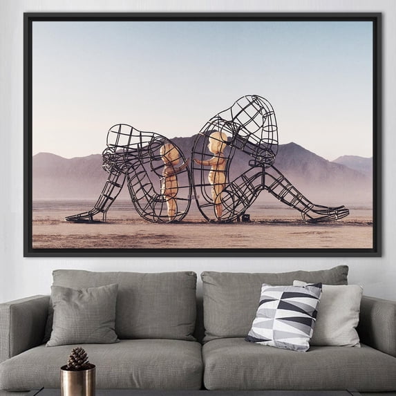 Trendy Printed, Couple Gift Canvas Art, Alexander Milov Canvas Art, Two People Turning Their Backs On Each Other At Burning Man, Canvas Wall Decor - 3P-Gold Framed