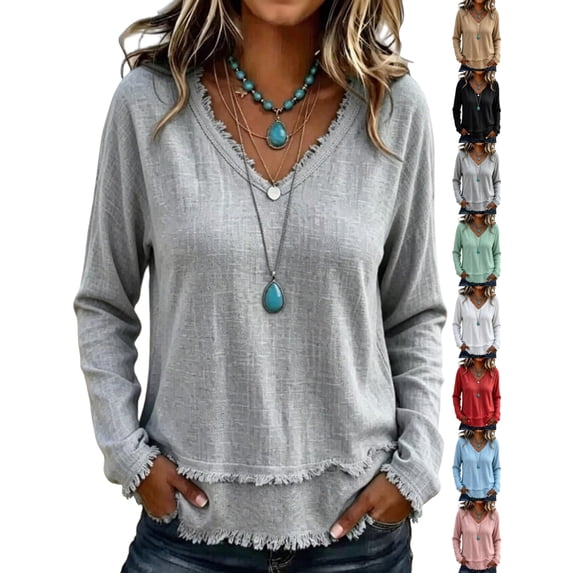 Trendy Pullover V Neck T-Shirts for Women Long Sleeve Basic Loose Fit Solid Casual Lightweight Everyday Fall Winter Layering Tops