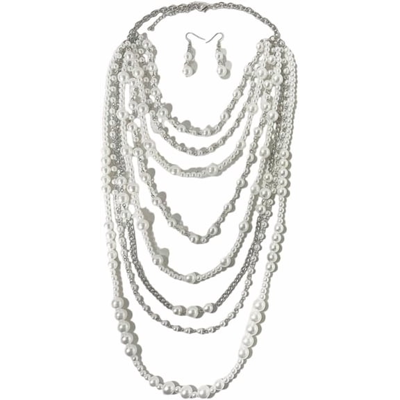 Trendy Quality Simulated Pearls Necklace Long Chain Necklace and Earrings Set Beaded Jewelry Imitation Pearls Texture for Women[h022]