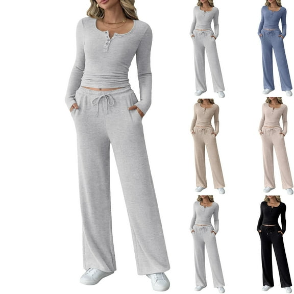 Trendy Queen 2 Piece Matching Lounge Sets for Women Fall Fashion 2025 Two Piece Outfits Henley Neck Crop Tops Wide Leg Pants Navy M