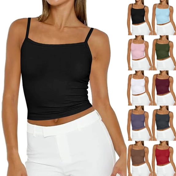 Trendy Queen Spaghetti Strap Crop Tank Tops for Women Cute Summer Camisoles for Teens Fitted Basic Layering Cami Shirts Black S