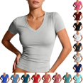 thumbnail image 1 of Womens Basic V Neck Short Sleeve Spring T Shirts Slim Fit Crop Y2k Tee 2026 Summer Gym Workout Cute Top Light Gray M, 1 of 7