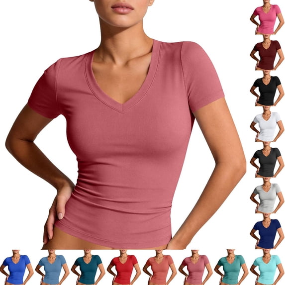Womens Basic V Neck Short Sleeve Spring T Shirts Slim Fit Crop Y2k Tee 2026 Summer Gym Workout Cute Top Watermelon Red M