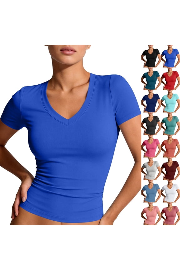 Trendy Queen Womens Basic V Neck Short Sleeve Spring T Shirts Slim Fit Crop Y2k Tee 2026 Summer Gym Workout Cute Top,XL,Royal Blue