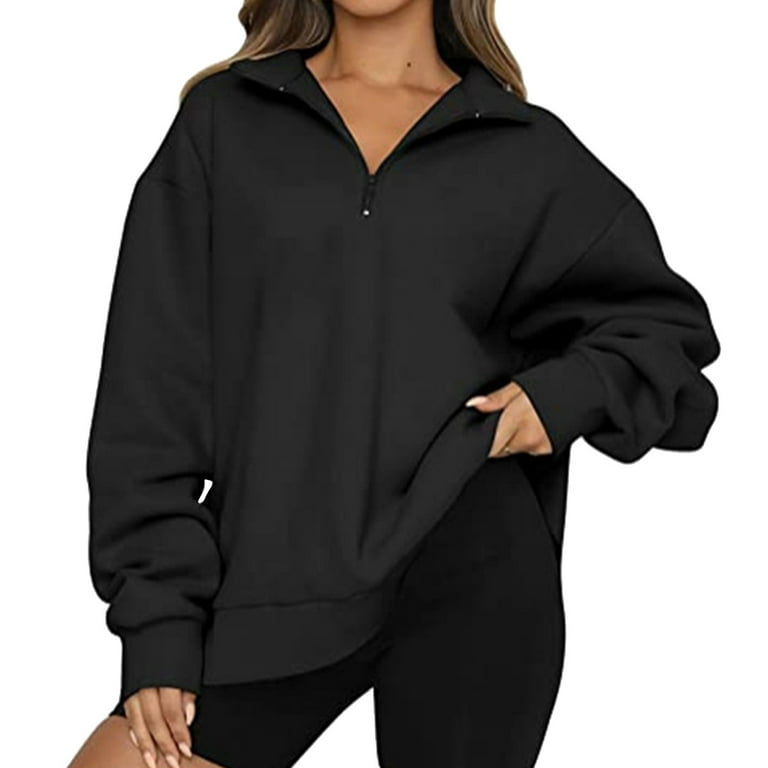 Trendy Queen Womens Oversized Sweatshirts Hoodies Half Zip Pullover Fall  Fashion Outfits - black