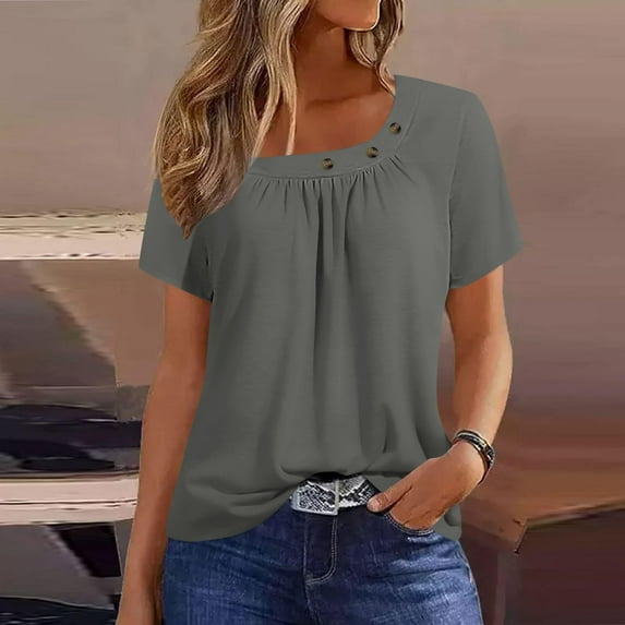 Trendy Queen Womens Square Neck Loose Fit Tops Fashion Summer Casual Solid Short Sleeves T Shirt Dark Gray XL
