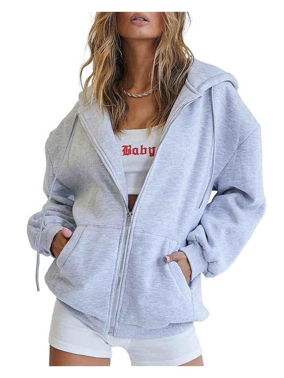 Trendy Queen Womens Zip Up Hoodies Oversized Sweatshirts Fall Fashion Outfits Casual Jackets 2025 Winter Clothes Grey M ..