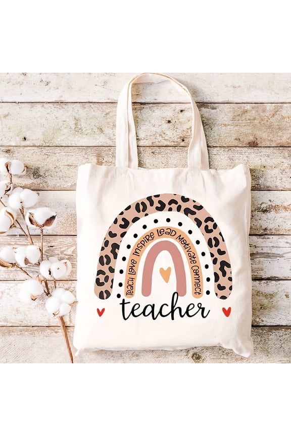 Trendy Rainbow Pattern Teacher Gifts Tote Bag, Casual Large Capacity Shoulder Bag, Portable Shopping Bag, Handbag