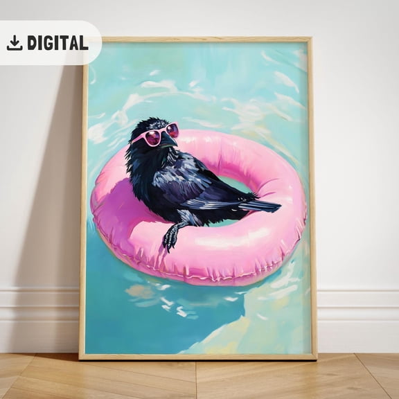 Trendy Raven Poster Colorful Summer Positive Vibes Art Beach Pool Party Decoration Coastal Poster Wall Art Сrow Bird Postering, Unframed Poster Size 8x12